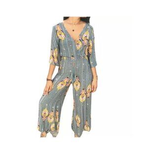 Jaase Women's Jumpsuit XL Blue Floral Surplice V-Neck Wide Leg Tassel Tie Boho